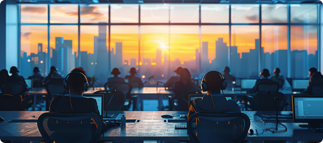 Office Workspace with many People Wearing Headphones and Focused on Tasks