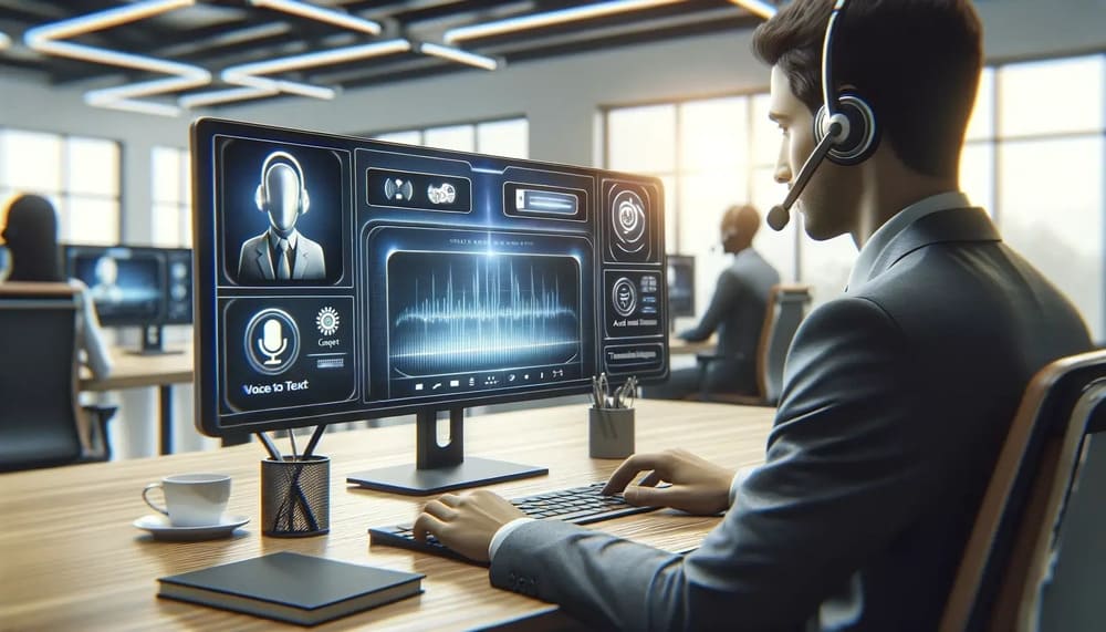 Call center agent at their desk using voice recognition and accent translation to deliver a better customer experience.