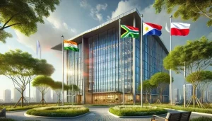 Call center building with flags of Poland, South Africa, Brazil, India and Philllipines on flagpoles outside. 