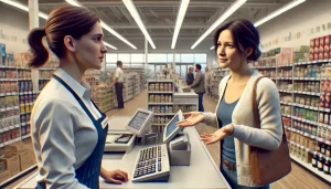 Two people, an employee and a customer conversing in a store. The customer is having a difficult time pronouncing a particular word in English.