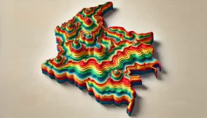 Colorful layered outline map of the country of Colombia.