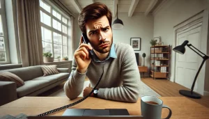 Caller of a customer service hotline has a skeptical look on their face as they listen to a foreign accent. 